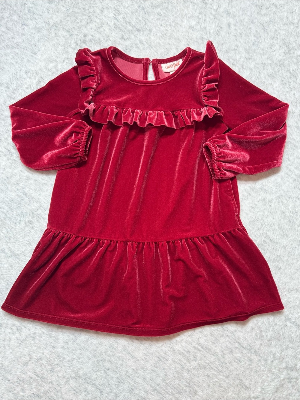 Cat & Jack Girls Red Velvet Ruffle Dress 3T Holiday Christmas Long Sleeve Party